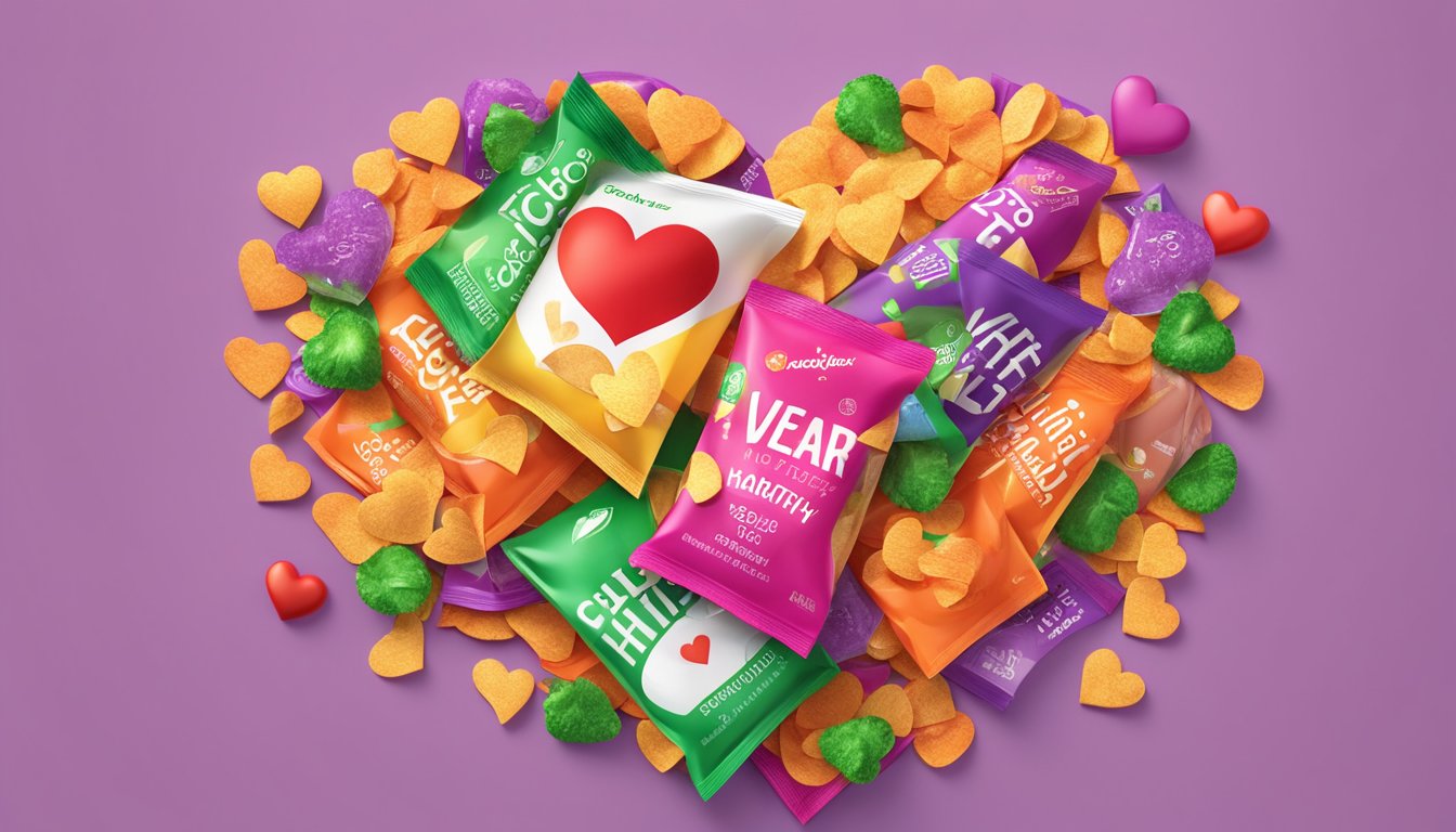 A pile of colorful packaged veggie chips surrounded by heart-shaped icons, with a bold "Heart-Healthy" label