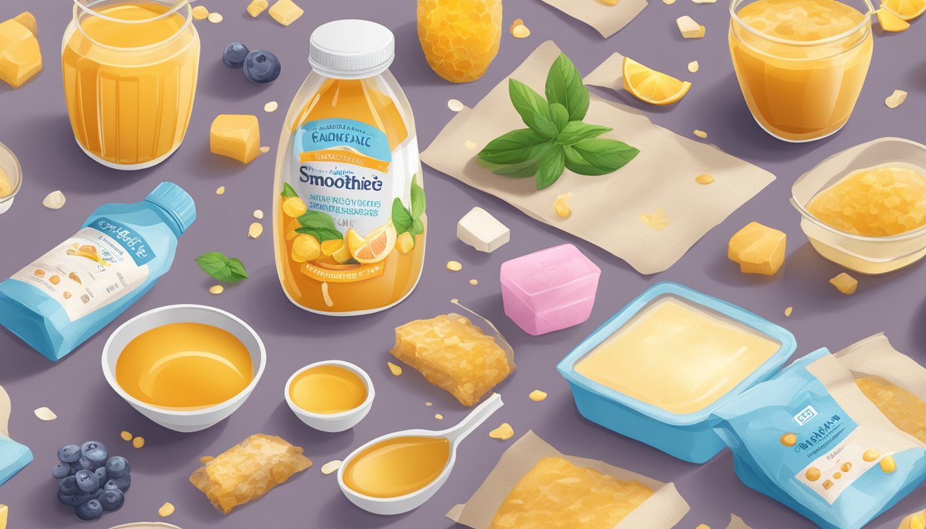 A table with various smoothie ingredients, including honey, surrounded by discarded packaging and a nutrition label with high sugar content