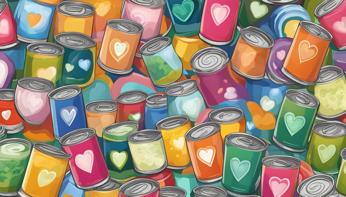 A colorful array of canned vegetable soups surrounded by heart-shaped symbols, but with a prominent "high in sodium" label