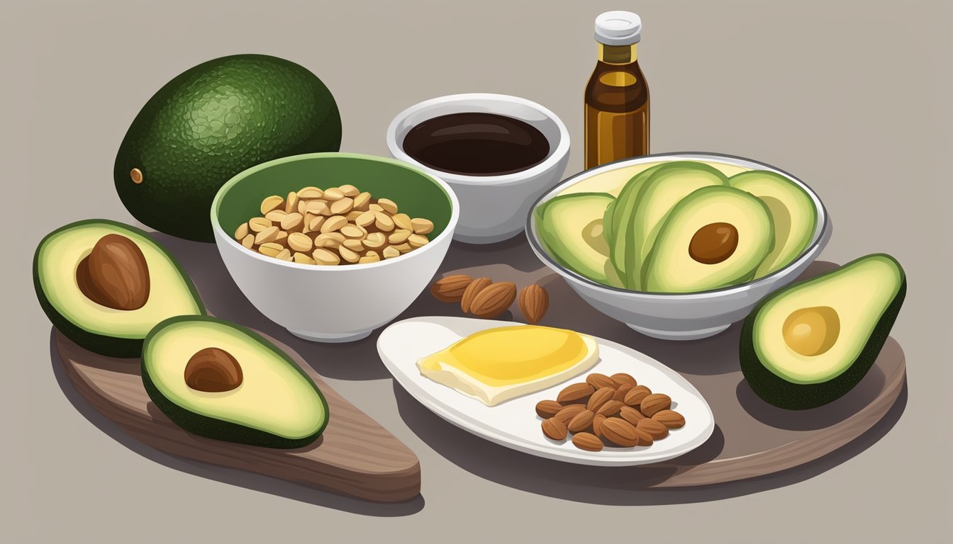 A table set with various heart-healthy foods, including avocados, nuts, and olive oil, next to a bottle of low-sodium soy sauce