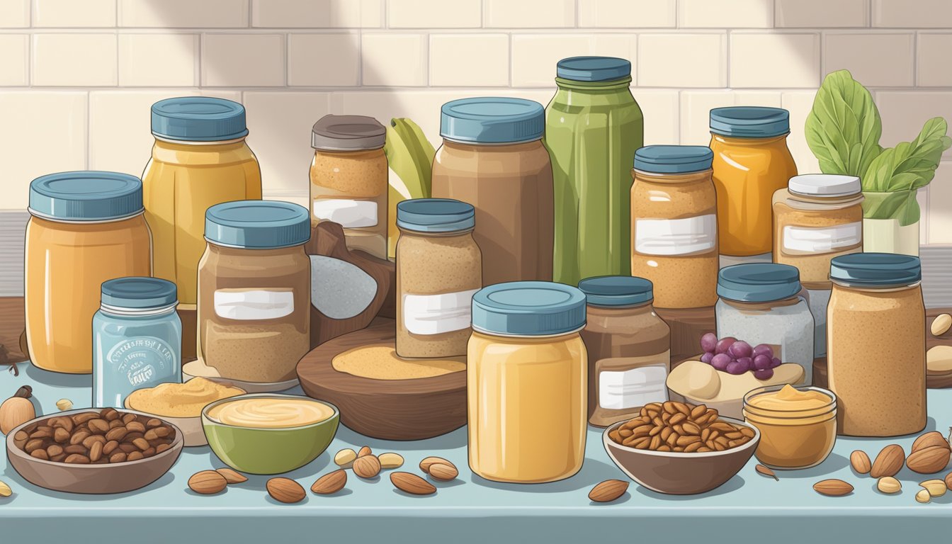 A variety of nut butter jars and a selection of unhealthy smoothie ingredients scattered on a kitchen counter