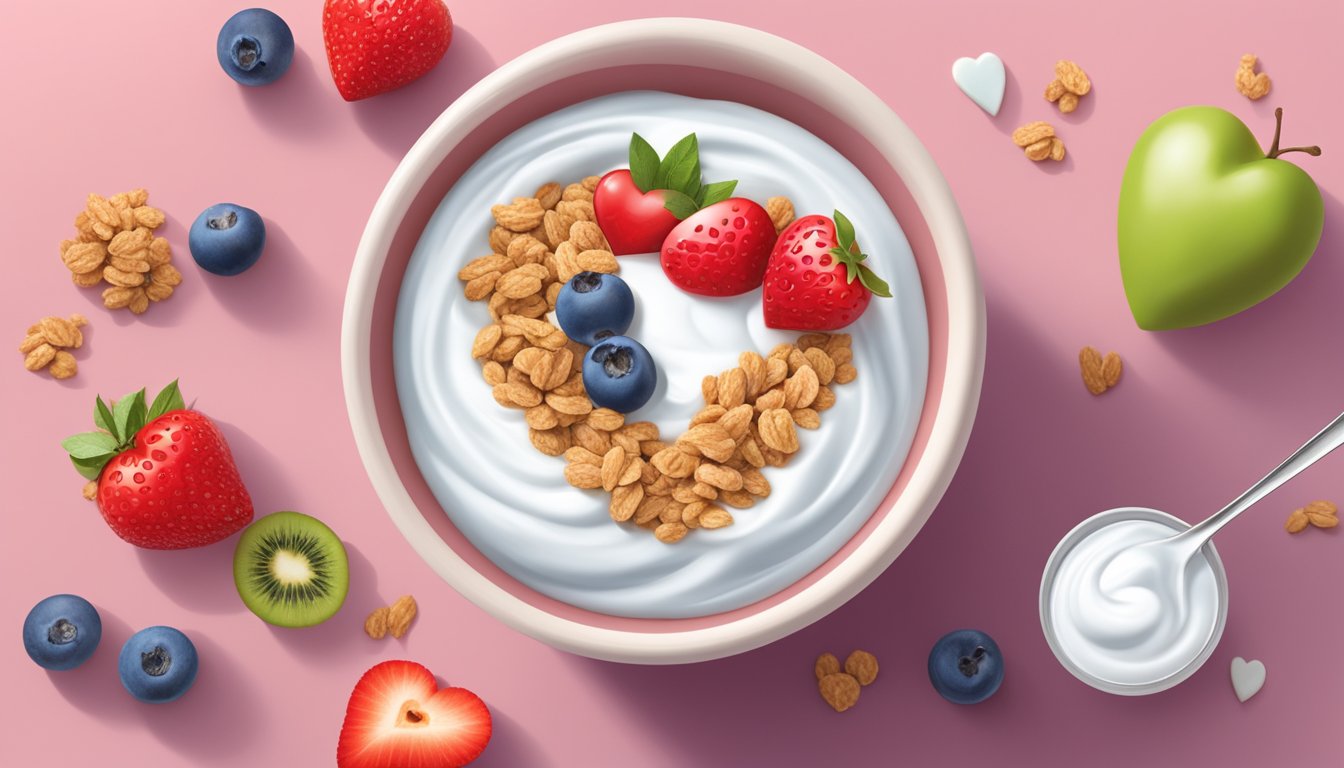 A bowl of low-fat yogurt with added sugar surrounded by misleading "heart-healthy" food items like granola and fruit, with a red heart symbol crossed out