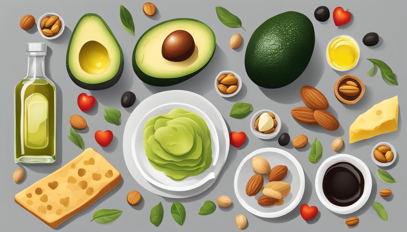 A table with various foods, including avocado, nuts, and olive oil, surrounded by heart-shaped icons and a red cross mark