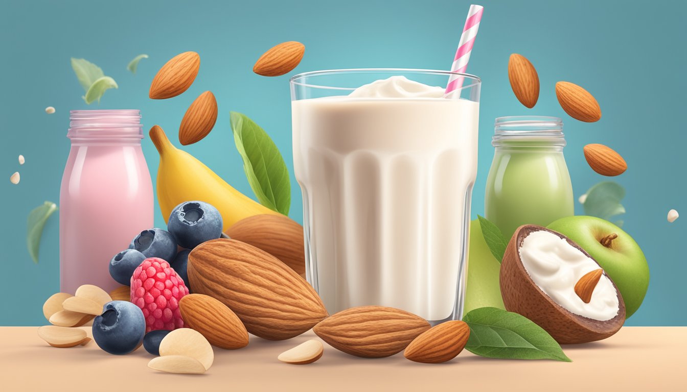 A glass of sweetened almond milk surrounded by various unhealthy smoothie ingredients such as sugary syrups, processed protein powders, and artificial sweeteners