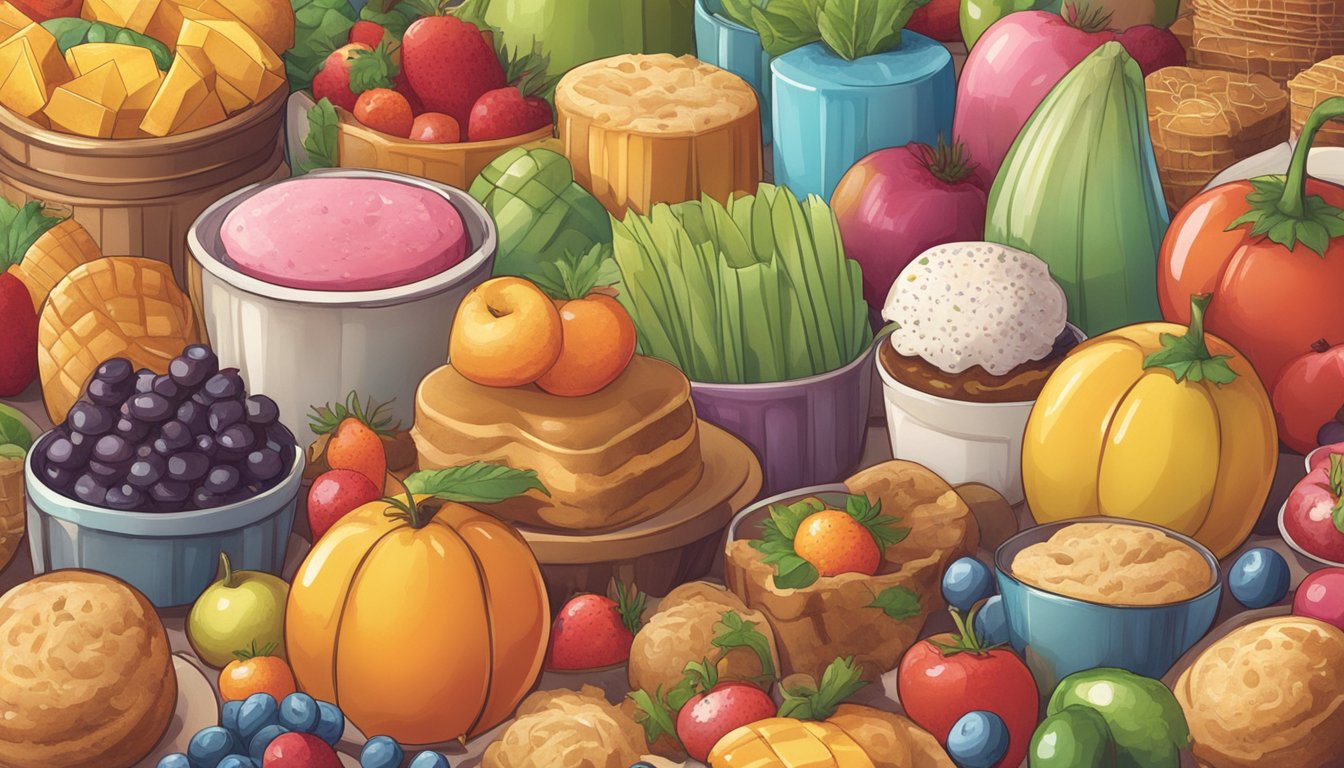 A variety of sweet treats surrounded by various fruits and vegetables, with sugar packets disguised as sneaky characters lurking in the background