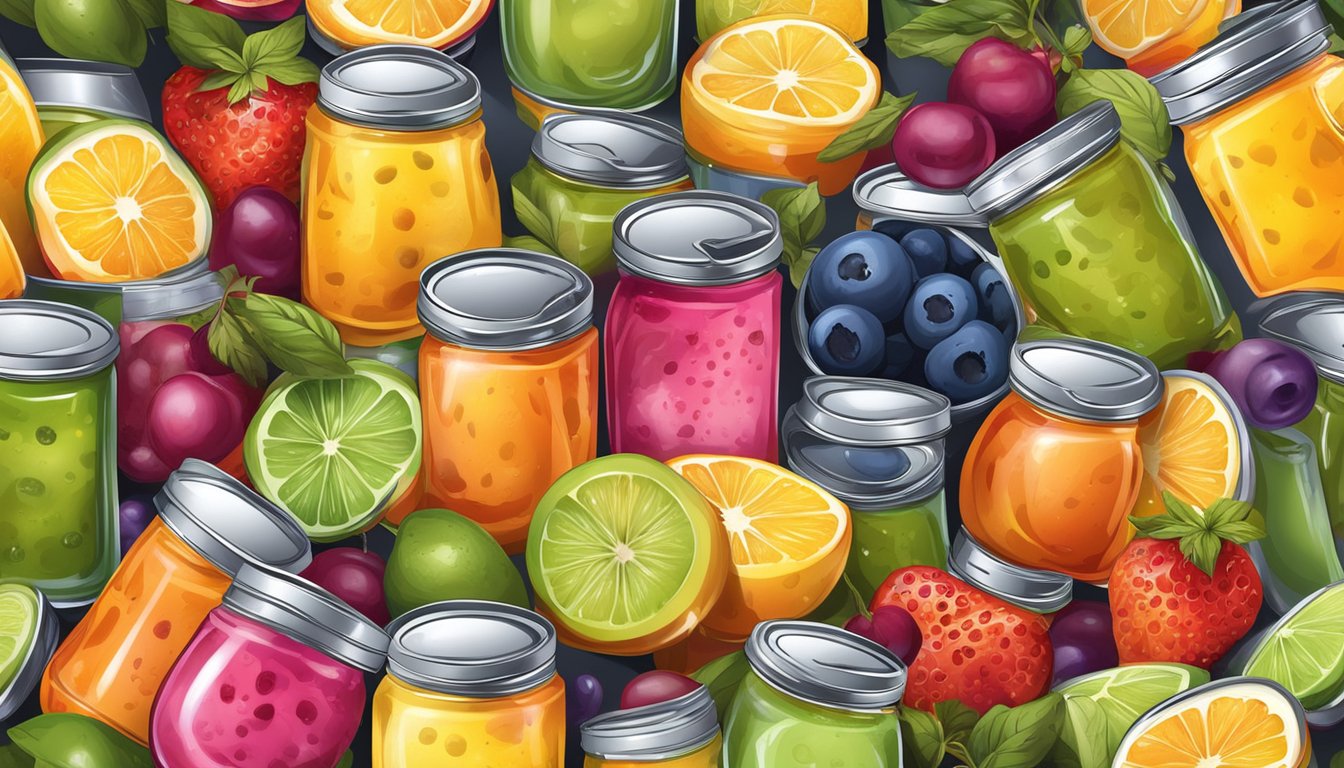 A variety of canned fruit in syrup spills out of open containers, surrounded by discarded smoothie ingredients