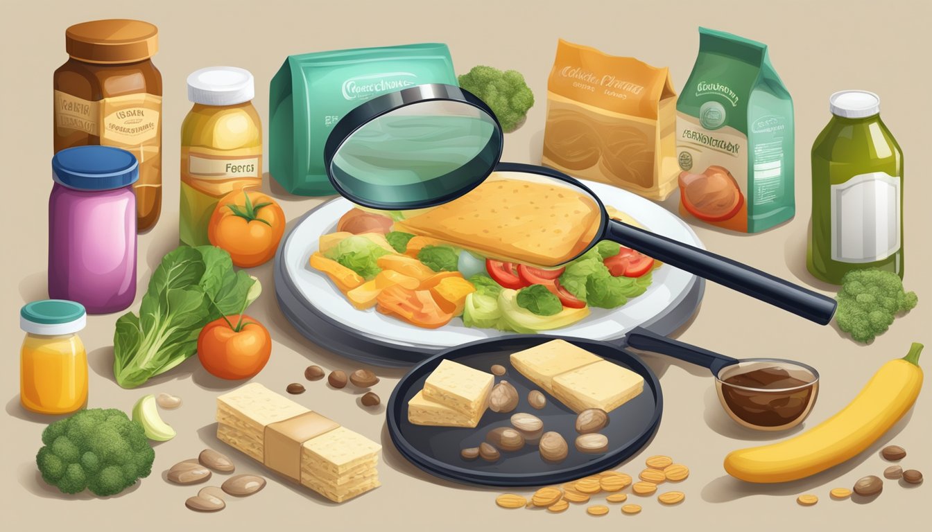 A table with various food products and their labels, a magnifying glass examining the fine print for hidden unhealthy ingredients