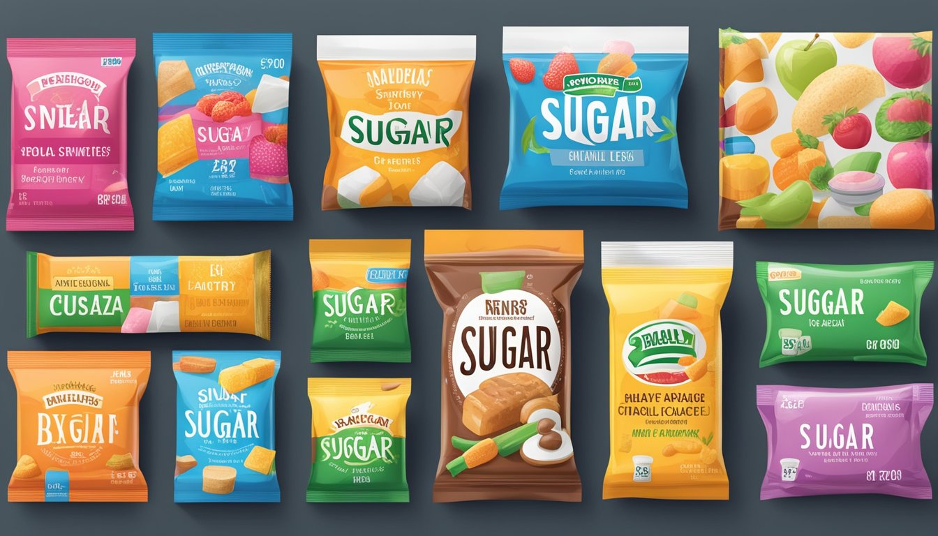 A colorful array of food packages with various sneaky names for sugar displayed on nutrition labels