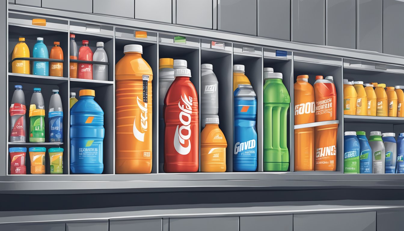 A Gatorade Recover Protein Shake surrounded by 12 sports drinks labeled "Avoid" in a gym locker room