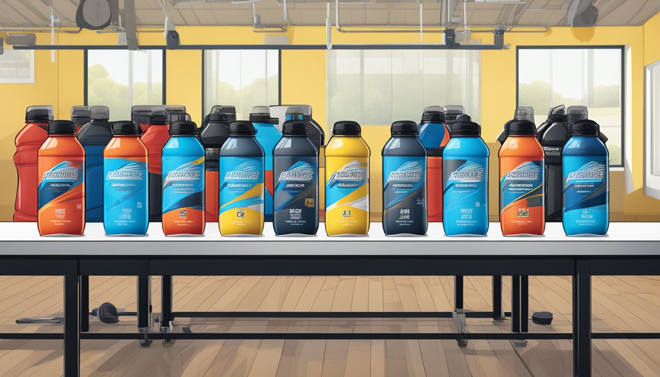 A group of 12 Powerade Zero Sugar sports drink bottles arranged in a grid on a table, with a backdrop of athletic equipment and a banner reading "Athletes Should Avoid."