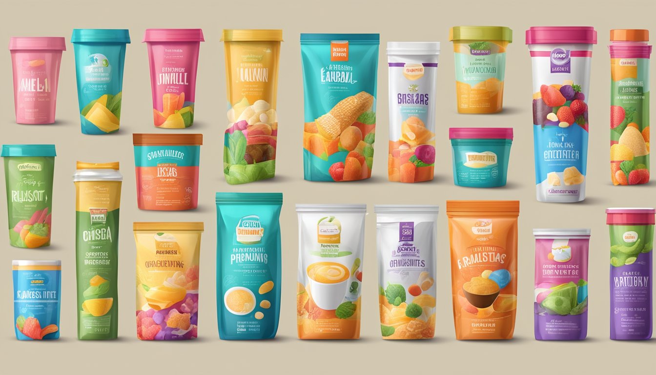 A colorful array of food packaging with misleading sugar names on nutrition labels