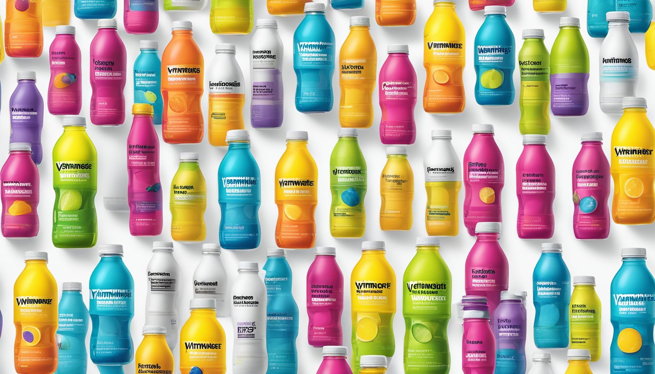 A group of 12 Vitaminwater Energy sports drinks arranged in a grid pattern on a clean, white surface, with vibrant, eye-catching packaging