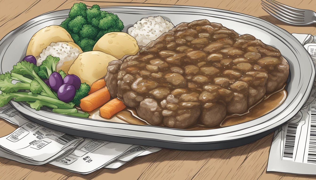 A tray of Smart Ones Salisbury Steak frozen meals surrounded by nutritional labels and health-related symbols