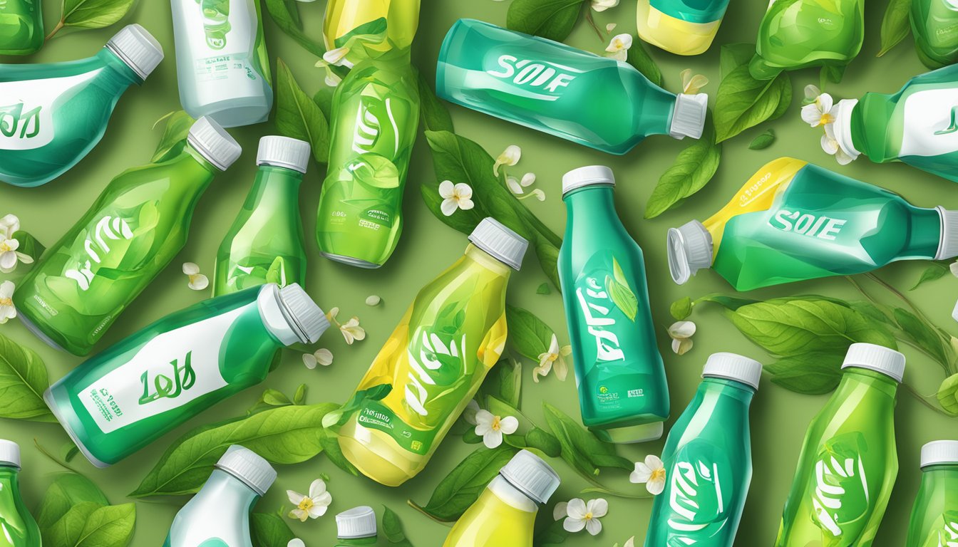 A pile of discarded SoBe Elixir Green Tea sports drink bottles, surrounded by wilted plants and empty water bottles