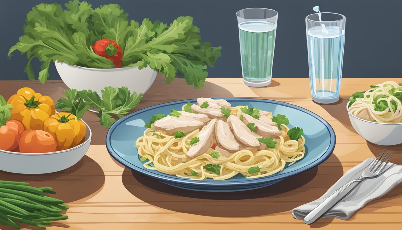 A steaming plate of Chicken Fettuccini Alfredo sits on a table, surrounded by colorful vegetables and a glass of water