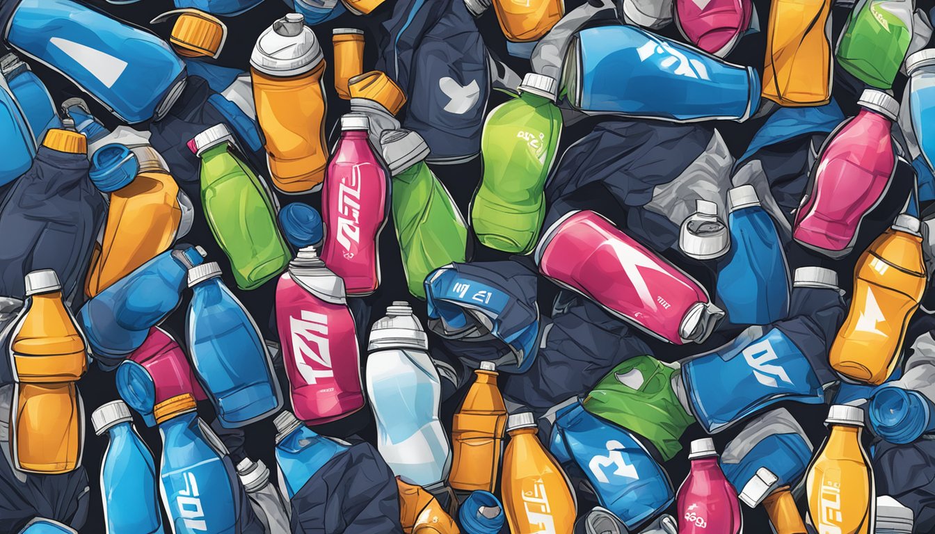 A pile of discarded All Sport Zero 12 sports drink bottles, surrounded by wilted athletic gear