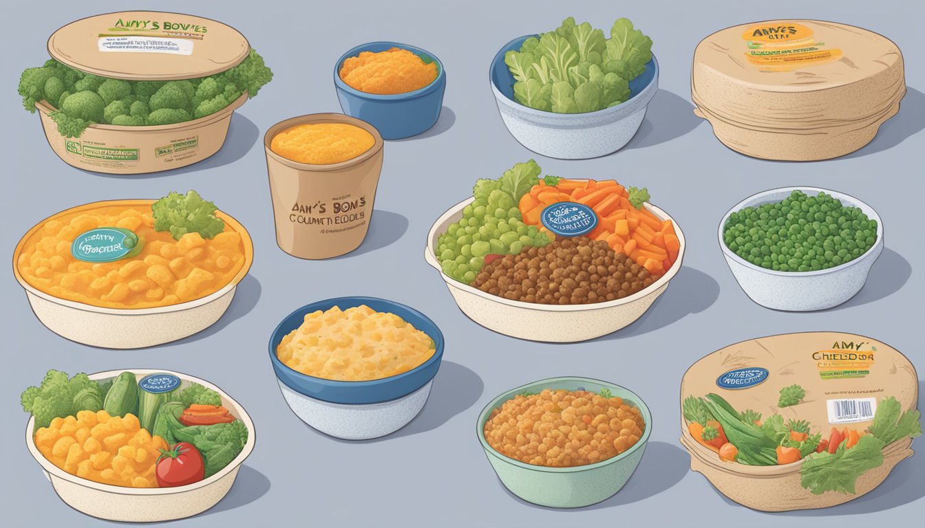 A table with nine frozen meals, each labeled "Amy's Bowls Country Cheddar," surrounded by colorful packaging and various vegetables