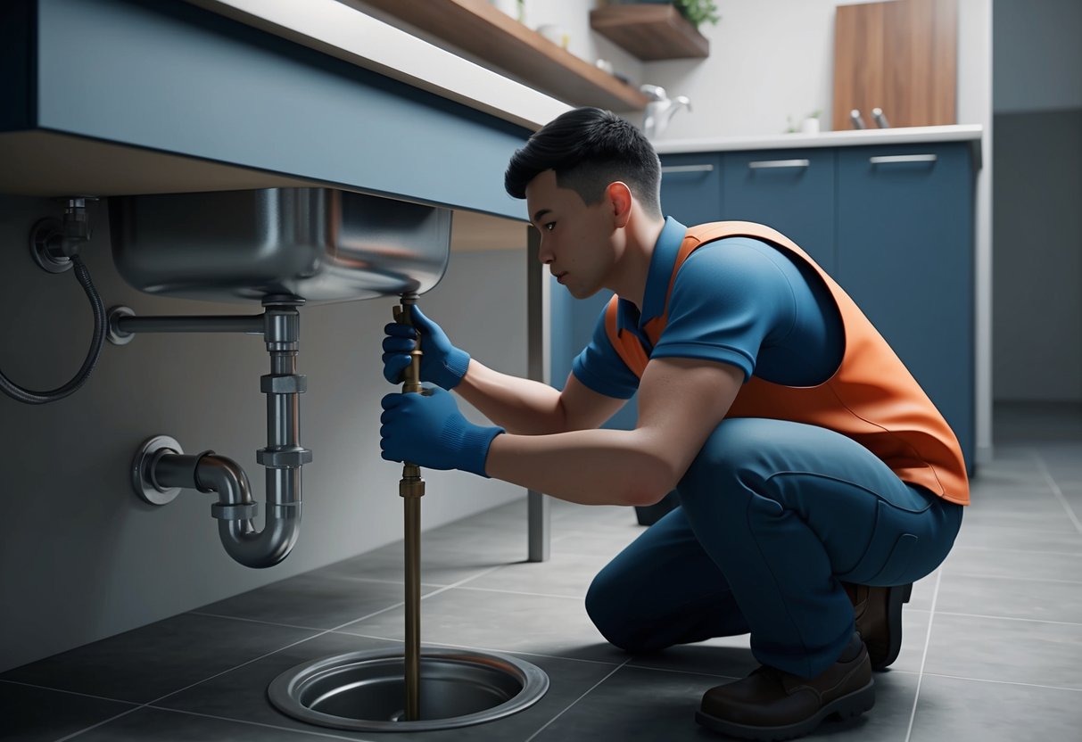 A plumber in Bukit Jalil repairing a leaky pipe under a sink