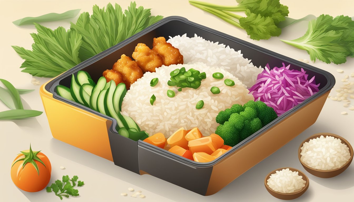 A colorful frozen meal package with a sesame chicken dish surrounded by various vegetables and rice, set against a bright background