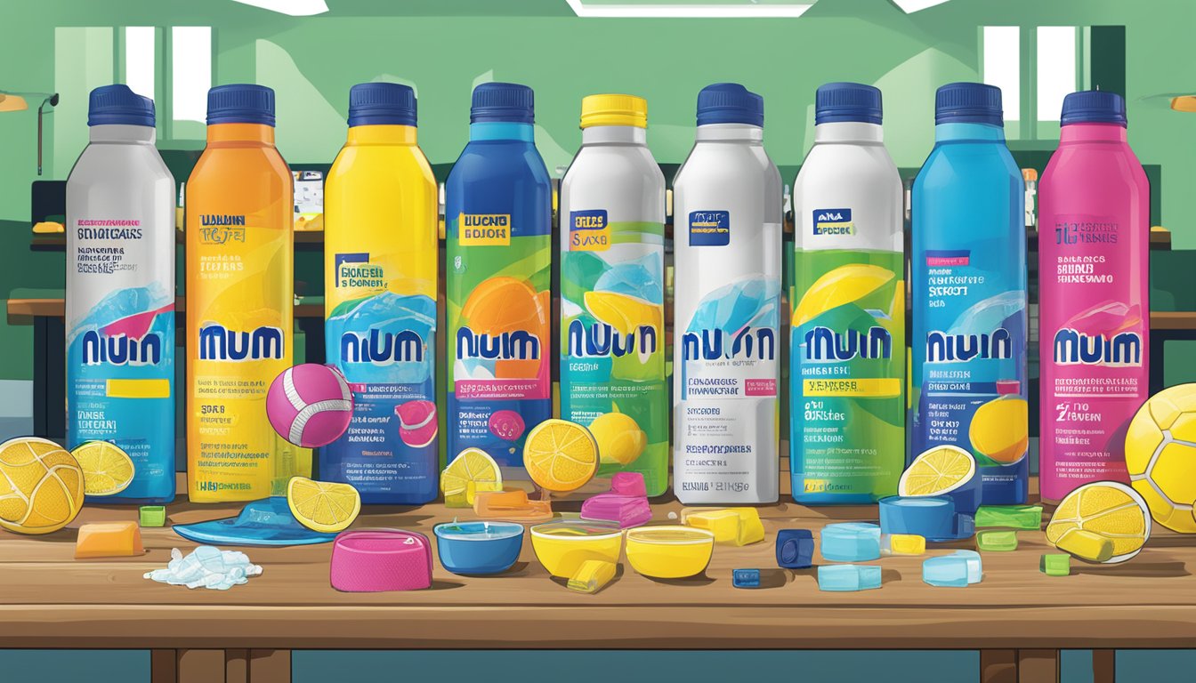 A table with a variety of sports drinks, including Nuun Sport Effervescent, displayed with caution signs and a warning label