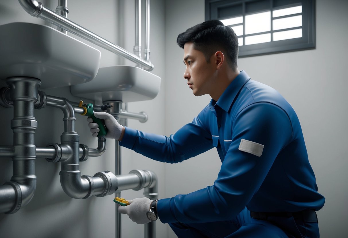 A plumber in Bukit Jalil inspecting pipes and fixtures for quality service