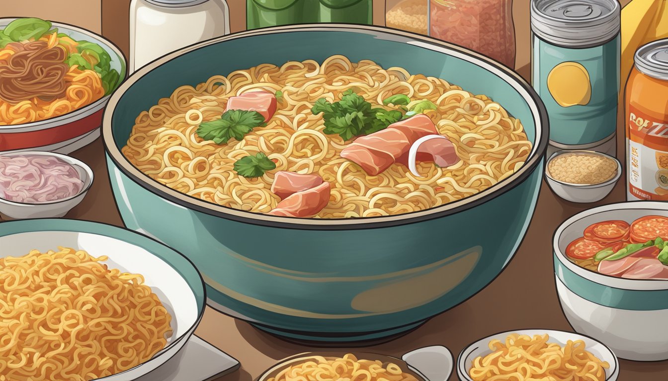 A steaming bowl of instant noodles surrounded by high-sodium foods like canned soup, deli meats, and pizza