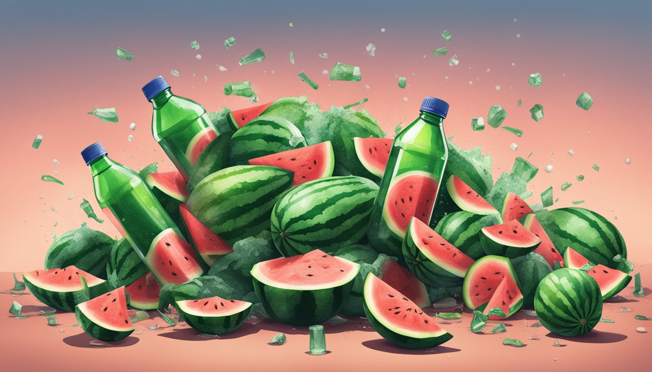 A pile of smashed watermelons surrounded by empty sports drink bottles