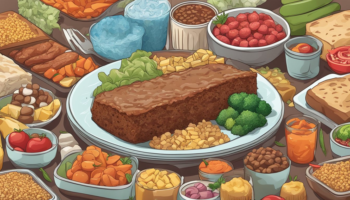 A frozen meatloaf meal surrounded by various unhealthy food items, with a red "Healthy" label that contrasts with the nutritional disaster it represents