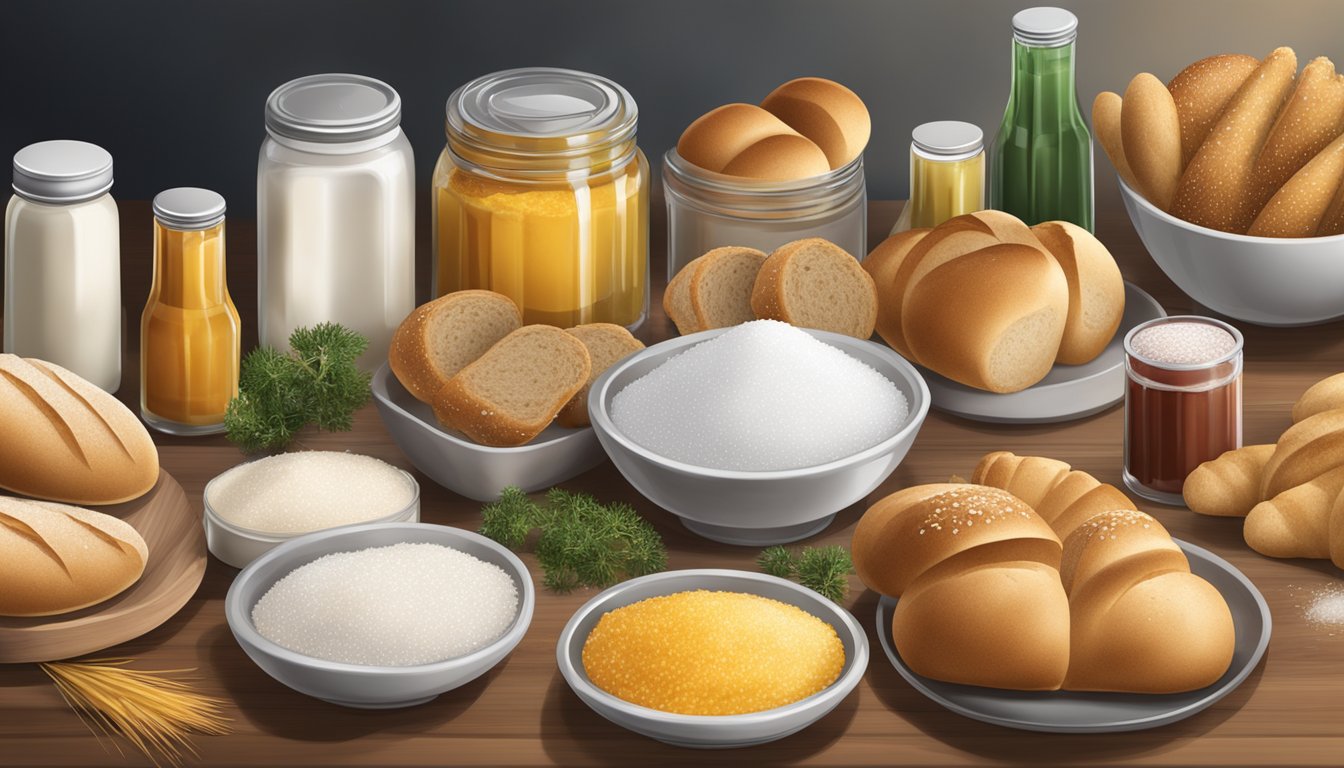 A table with a variety of bread rolls, surrounded by shakers of salt and other high-sodium condiments