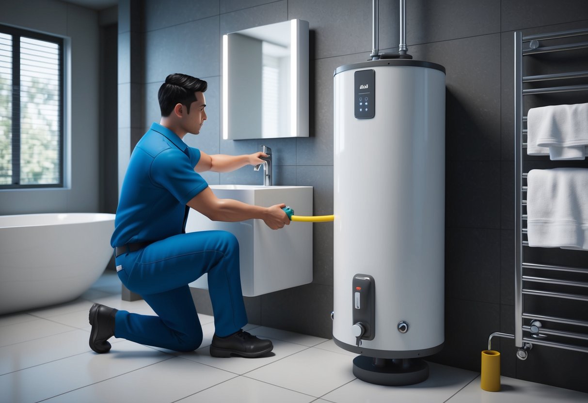 A plumber in Bukit Jalil installs a new water heater in a modern bathroom