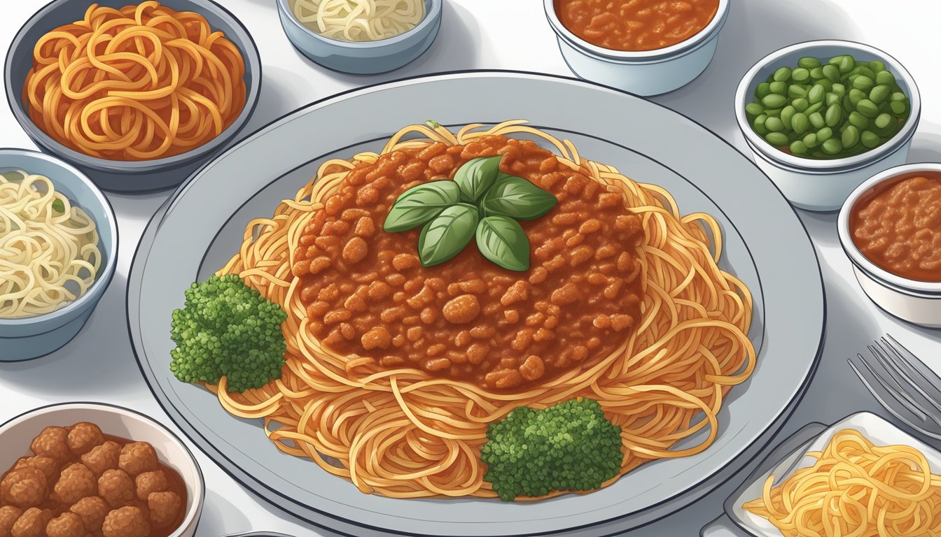 A plate of Smart Ones Spaghetti with Meat Sauce surrounded by other frozen meals, with a nutrition label showing high levels of sodium and processed ingredients