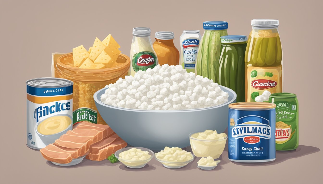 A bowl of cottage cheese surrounded by high-sodium foods like canned soups, deli meats, and pickles, emphasizing the hidden sodium content in seemingly innocent foods