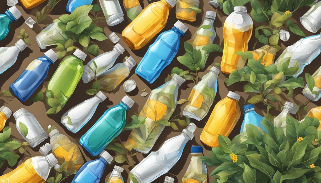 A pile of discarded sports drink bottles surrounded by wilted plants and a cracked, sun-baked earth