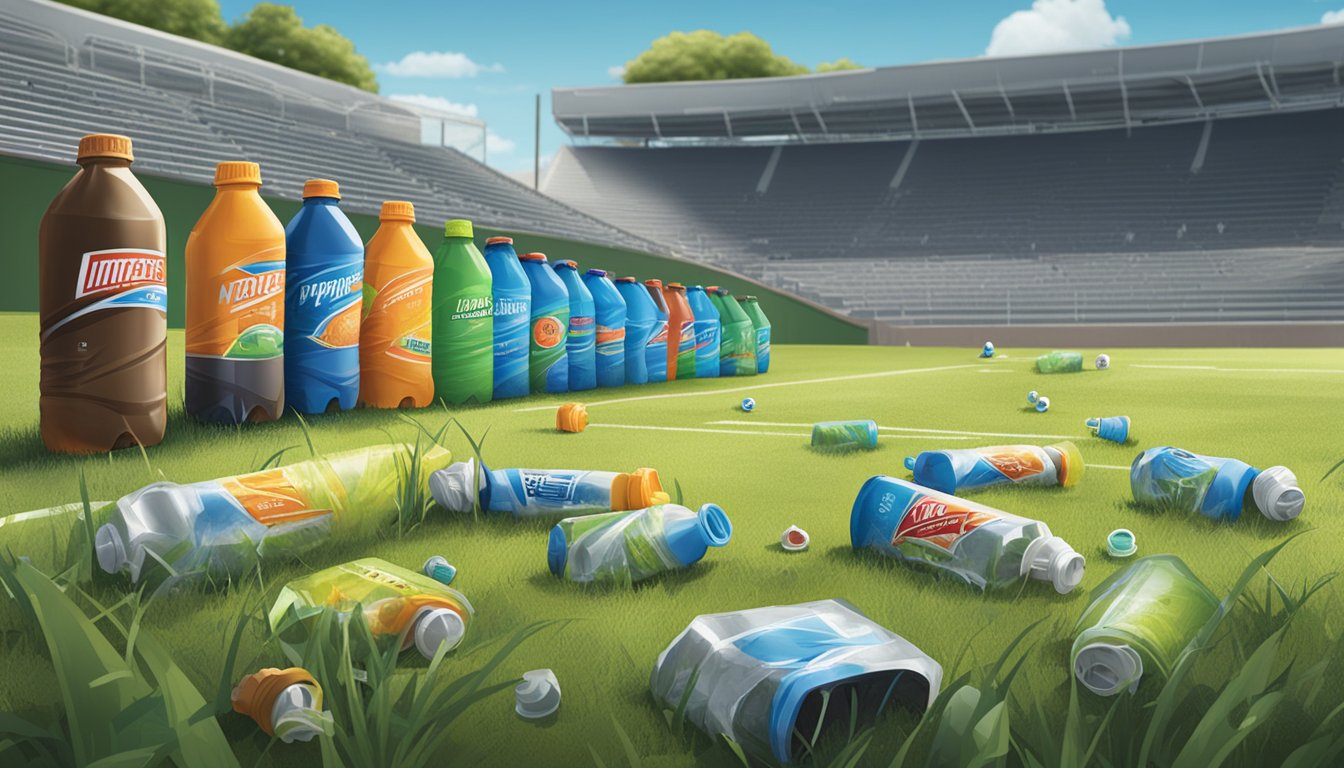 A group of discarded Monster HydroSport 12 sports drink bottles litter the ground near a sports field, with a cautionary sign in the background