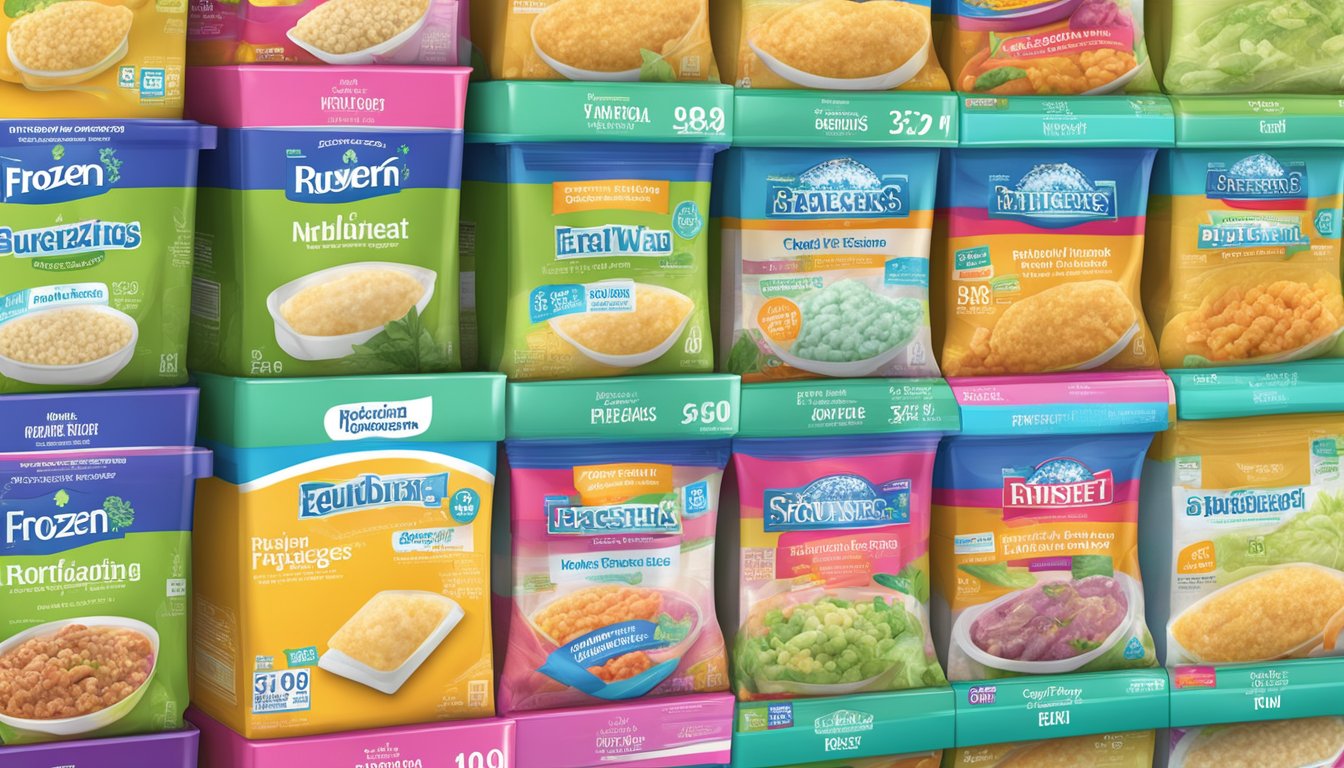 A variety of frozen meal packages displayed on a supermarket shelf, with colorful and enticing packaging but lacking in nutritional value