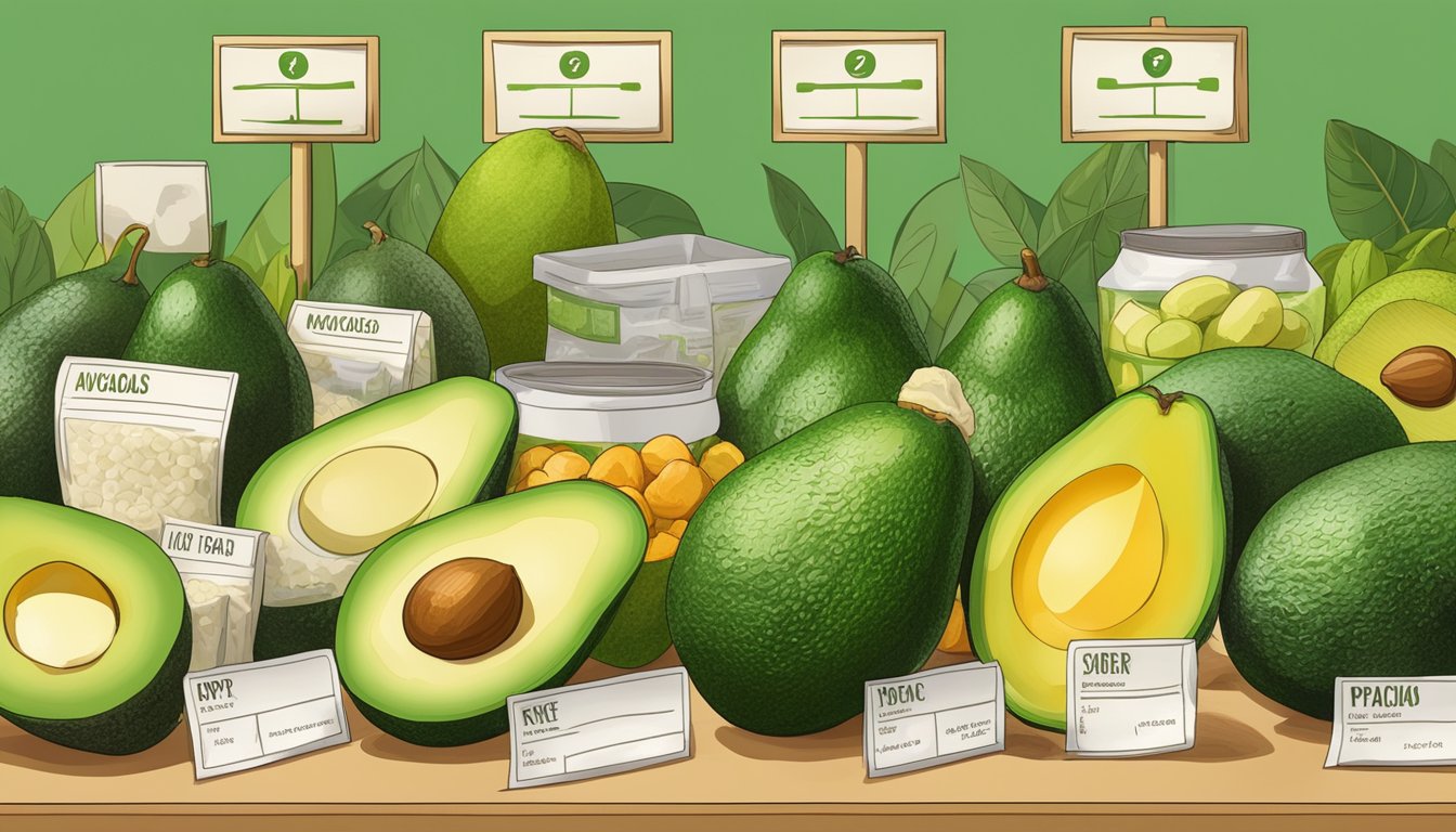 A vibrant display of ripe avocados surrounded by various organic products, with price tags indicating their higher cost