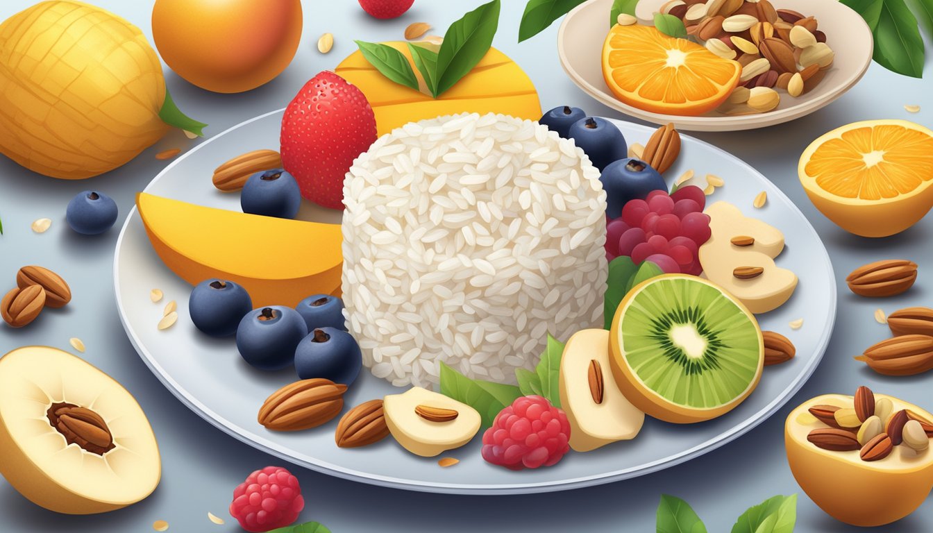 A plate of rice cakes surrounded by untouched fruits and nuts