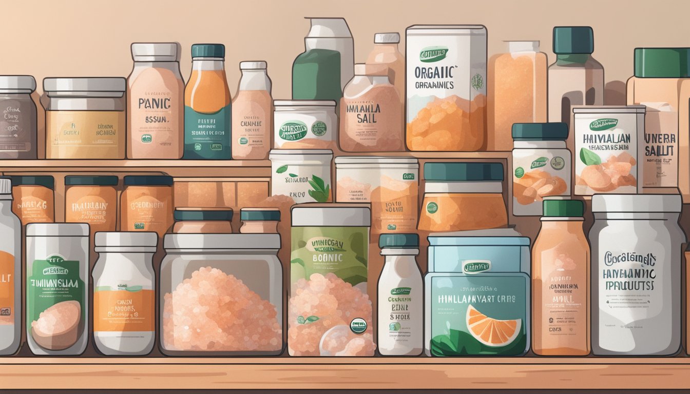 A pile of overpriced organic products, including Himalayan salt, sit on a shelf, surrounded by other more reasonably priced items