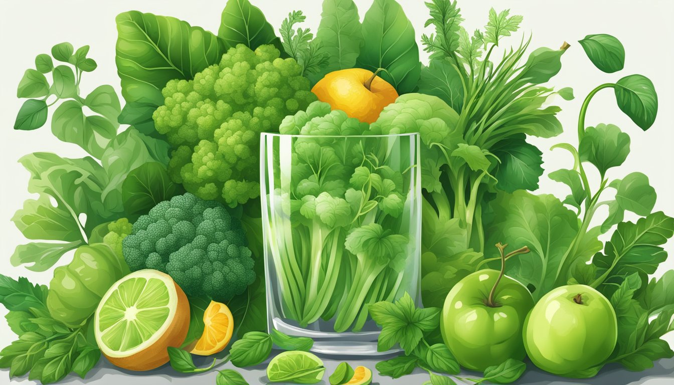 A vibrant assortment of green vegetables and fruits overflowing from a glass, surrounded by lush leaves and vines