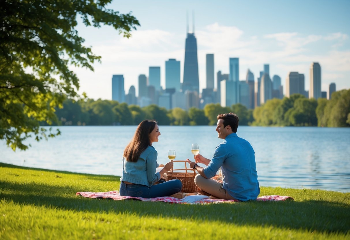 A couple picnicking by the lake in a scenic park, with a view of the city skyline in the background