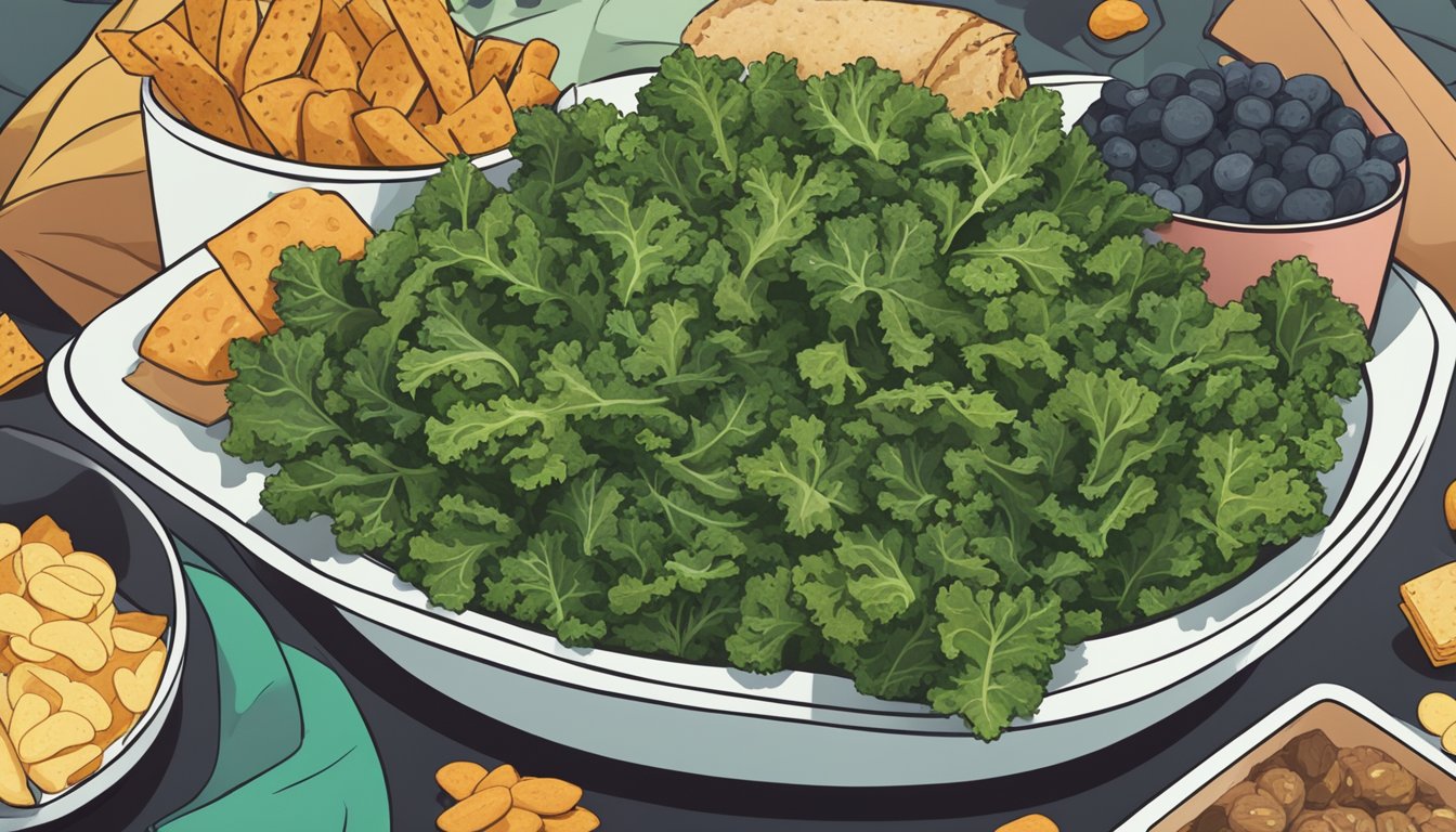 A bowl of kale chips surrounded by various other snacks, with a disappointed expression on someone's face as they reach for them