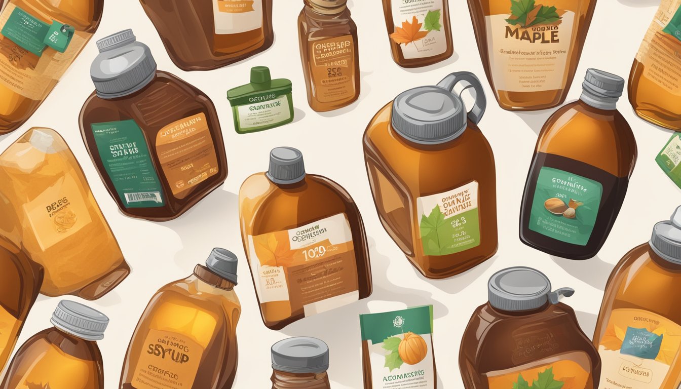 A bottle of organic maple syrup surrounded by other organic products with price tags, but being overshadowed by non-organic alternatives