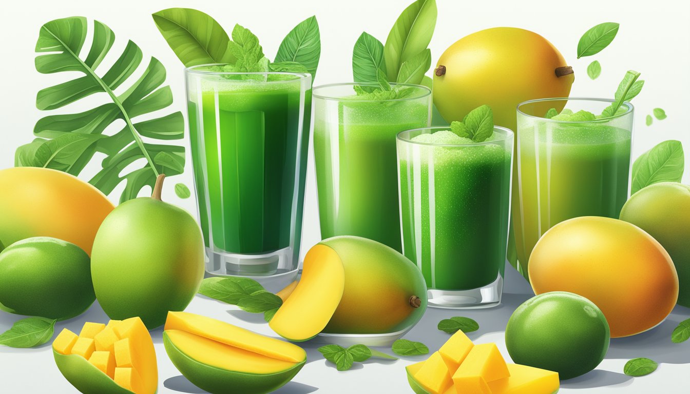 A vibrant display of fresh mangoes, leafy greens, and sugar cubes, with a towering glass of bright green juice in the center