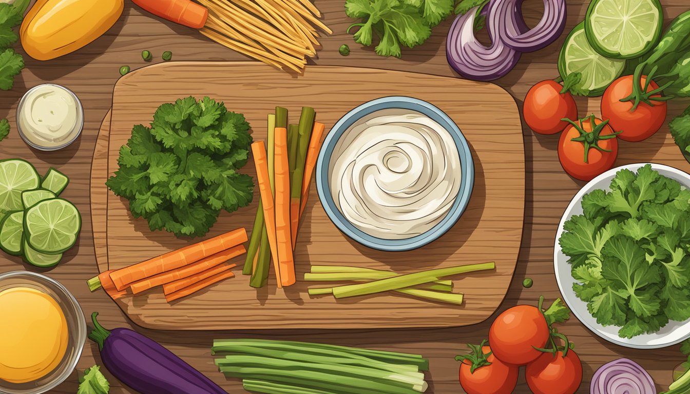 A colorful assortment of veggie straws scattered on a wooden cutting board, surrounded by various fresh vegetables and a bowl of dip