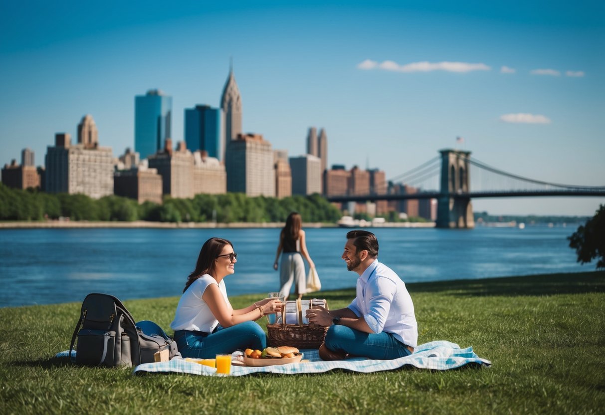 A couple picnicking in a park with a view of the Hudson River and the Albany skyline in the background