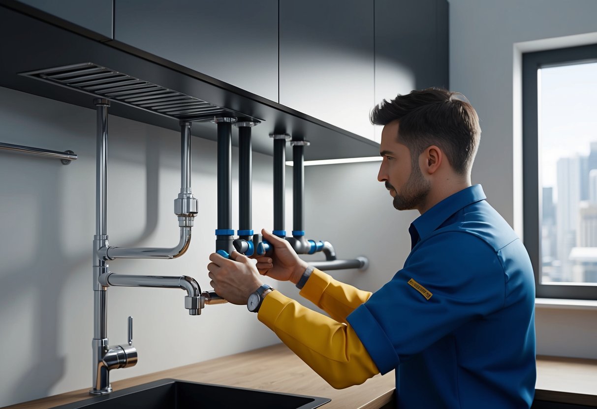 A plumber installing pipes in a modern kitchen