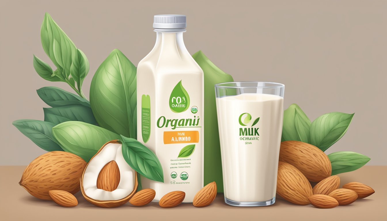 A carton of organic almond milk surrounded by various organic products, with a price tag indicating the extra cost