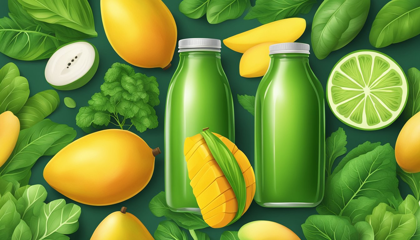 A vibrant green juice bottle surrounded by fresh, ripe mangoes and leafy green vegetables