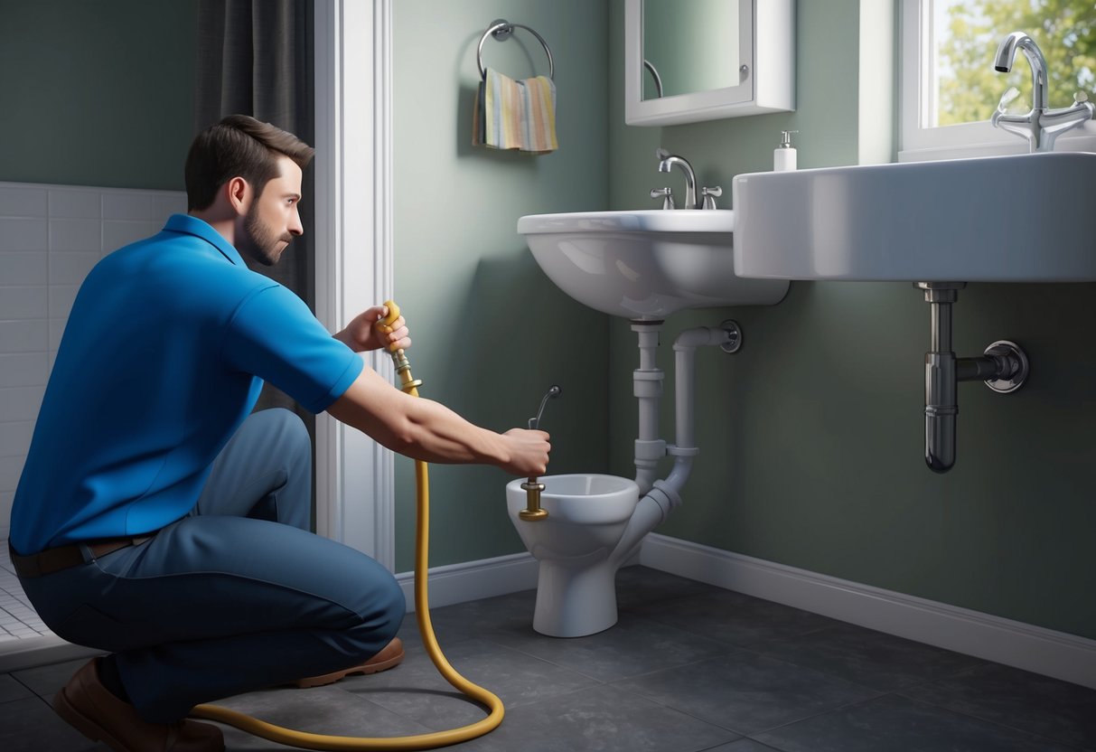 A plumber fixing a leaky pipe in a residential bathroom