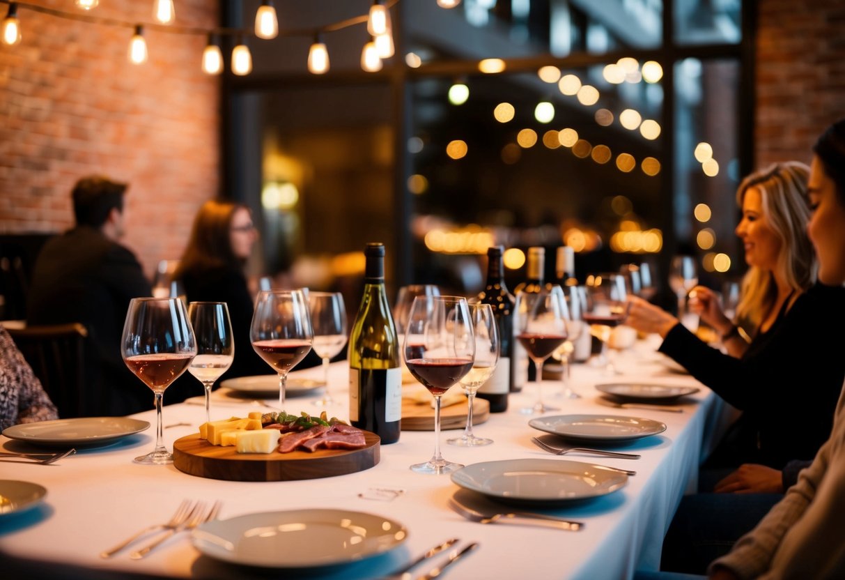 A cozy wine tasting at Urban Alchemy: tables set with glasses, bottles, and charcuterie boards under warm lighting